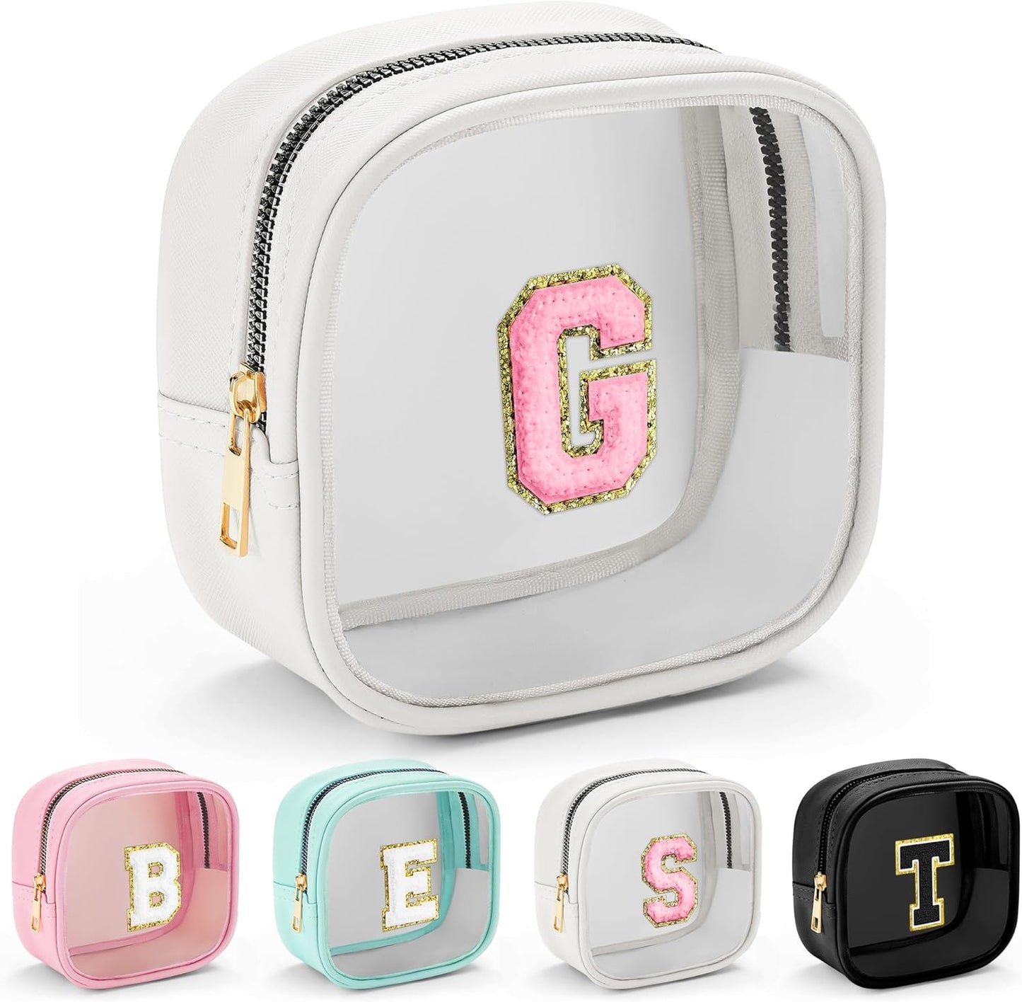 YOOLIFE Initial Make Up Bag Travel Toiletry Bag, Clear Makeup Bag Preppy Cosmetic Bags Organizer Travel Essentials Gifts for Women Teen Girlfriend Teacher Mom Birthday Mothers Day Gifts White G