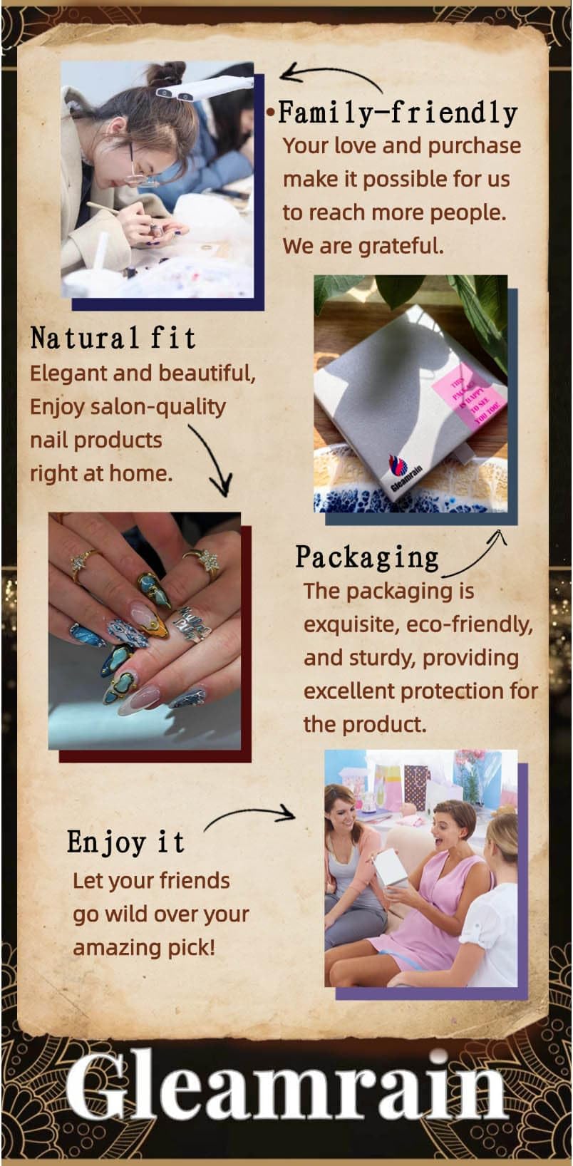 Gleamrain Almond Medium Handmade Press on Nails Nude for Women, Handcrafted Glitter Design Reusable Full Cover Fake Nail for Daily Wear Party Birthday D317