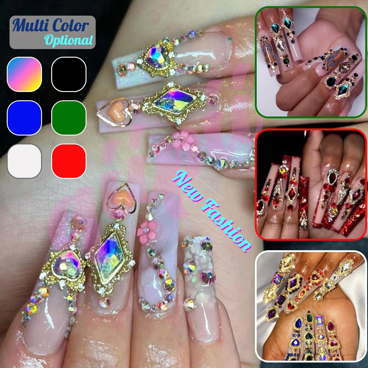 24pcs Green Luxury Nail Charms + 2000pcs Emerald Green Rhinestones 3D Big Gems Glass Crystals Diamonds Jewelry Stones Alloy Art Studs Decor Supplies Heart Charms for Arylic Nails Crafts
