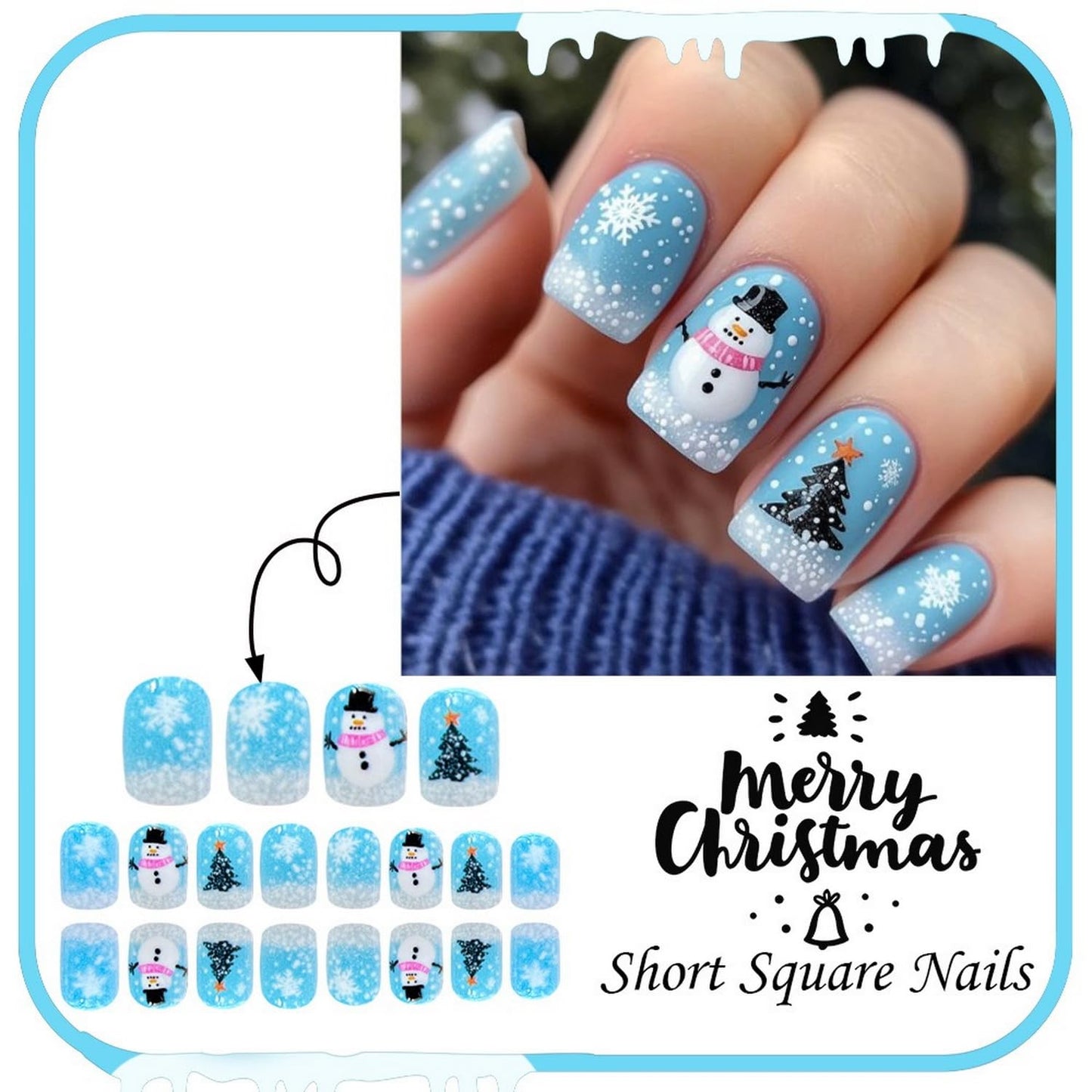 Christmas Press on Nails Winter Cute Snowman Snowflake Christmas Tree Fake Nails Designs Short Square False Nails Women Blue Christmas Glue on Nails Full Cover Reusable Glossy Holiday 24 Pcs