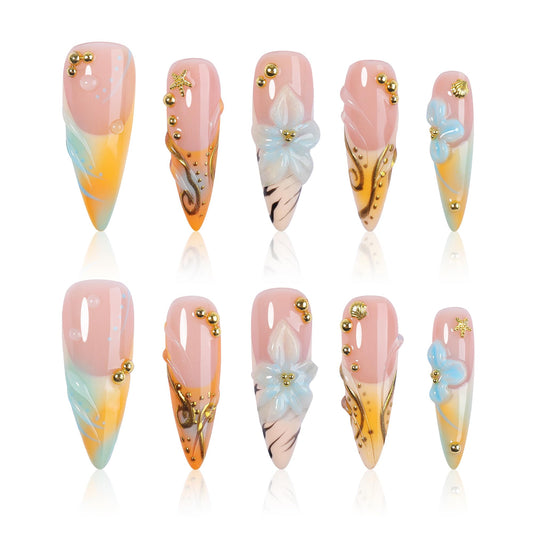 XGV Handmade Press on Nails Stiletto - Beach Vibes Summer French Tips 10Pcs Reusable Fake Nails Set for Women Manicure DIY Decoration Gift
