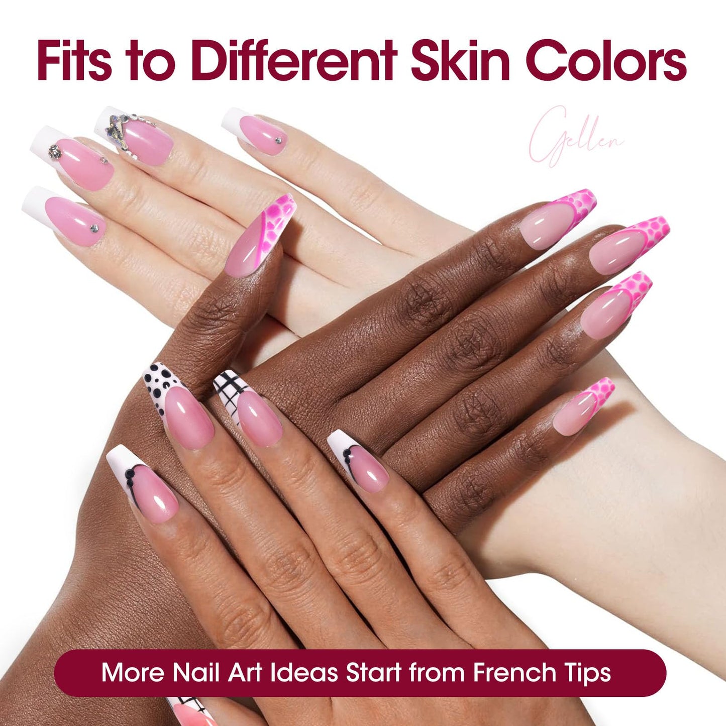 Gellen French Soft Gel Nail Tips - 150 pcs 15 Sizes French Tip Press on Nails Pink Long Square Fake Nails, 3 in 1 Pre-french Gel Nail Tips No Need to File