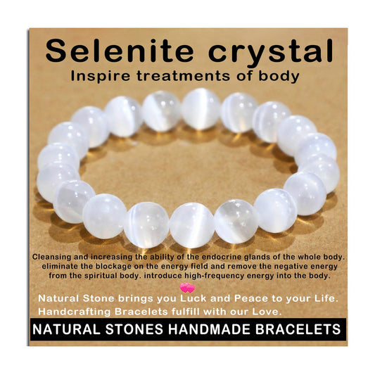AD Beads Handmade Gemstone Stretch Elastic Bracelet Crystal Healing Reiki Nature's Beauty and Spiritual Essence Unisex (10mm, Selenite Crystal (Inspire Treatments))