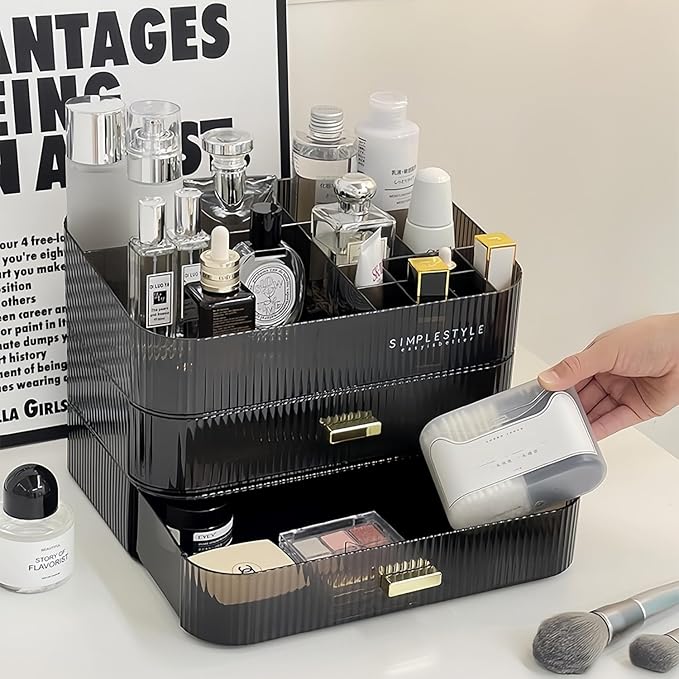 Makeup Organizer for Vanity, Large Desk Organizer with Stackable Drawers for Cosmetics, Skin Care, Lipsticks, Palette, Nail Care, Ideal Storage for Dresser and Bathroom Countertop- Black