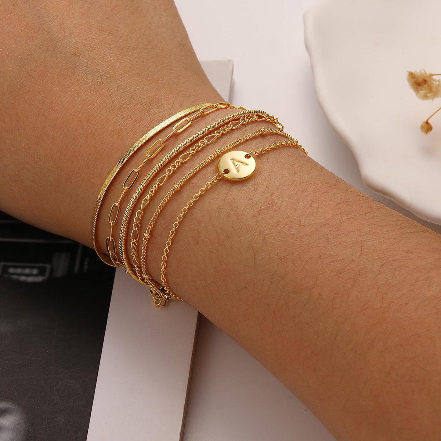 Lydow Bracelets for Women, Stack Jewelry Set Initial A Chain Stackable Letter Teen Accessories Pulseras Para Mujer 6 Inch 6PCS Valentine's Gifts Jewelry