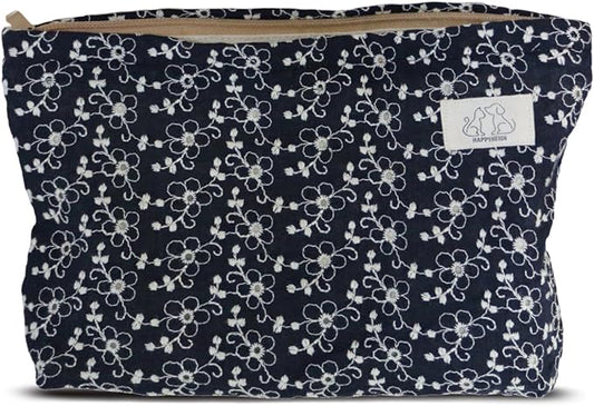 HAPPYHEIDI Soft Embroidered Floral Makeup Bag Cosmetic Travel Pouch, Canvas Lined, Make Up Purse Organizer,Cute Black