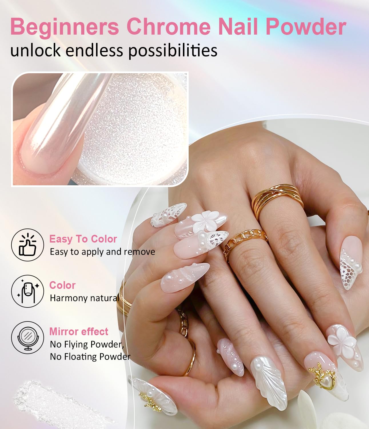Gold Chrome Nail Powder 24K Mirror Effect BISHENGYF - Pink Gold Nail Chrome Powder Aurora Mermaid Mirror Effect Powder, White Pearl Iridescent Holographic Metallic Pigment Dust for Nail Art Decoration