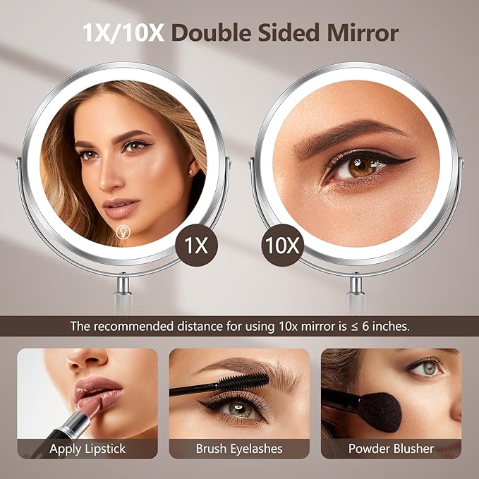 10x Large Lighted Makeup Mirror, Rechargeable 8" Height Adjustable Vanity Mirror, 1x/10x Magnifying Mirror with 3 Color, Brightness Adjustable, 360° Rotation Double Sided Mirror, Gift for Her(Nickel)