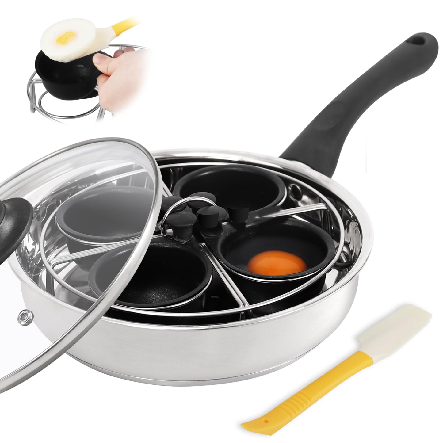 Fuexmotco Egg Poacher Pan, Stainless Steel Egg Poaching Pan for Benedict Breakfast Maker, Poached Egg Cookware with 4 Nonstick Large PFOA Free Egg Poacher Cups and Silicone Spatula