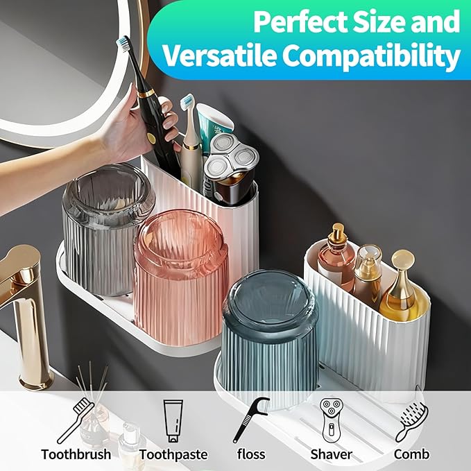 Toothbrush Holder,Bathroom Toothbrush Holder Suitable for Bathroom Organizer Place The Cup Upside Down to Drain Bathroom Stands for Storing Toothpaste Toothbrushes and Other Toiletries (Gray + Pink)