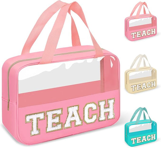 Teacher Appreciation Gifts Chenille Letter Clear Makeup Bag TEACH Pouch, Preppy Waterpoof Makeup Cosmetic Bag with Zipper Graduation Retirement Birthday Teacher Essentials Gifts for Women(TEACH-Pink)
