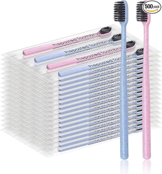 500Pcs Prepasted Disposable Toothbrushes Bulk Individually Wrapped Pre Pasted Soft Bristle Tooth Brush Set Travel Colorful Toothbrushes for Homeless Gift Hotel Camping Travel