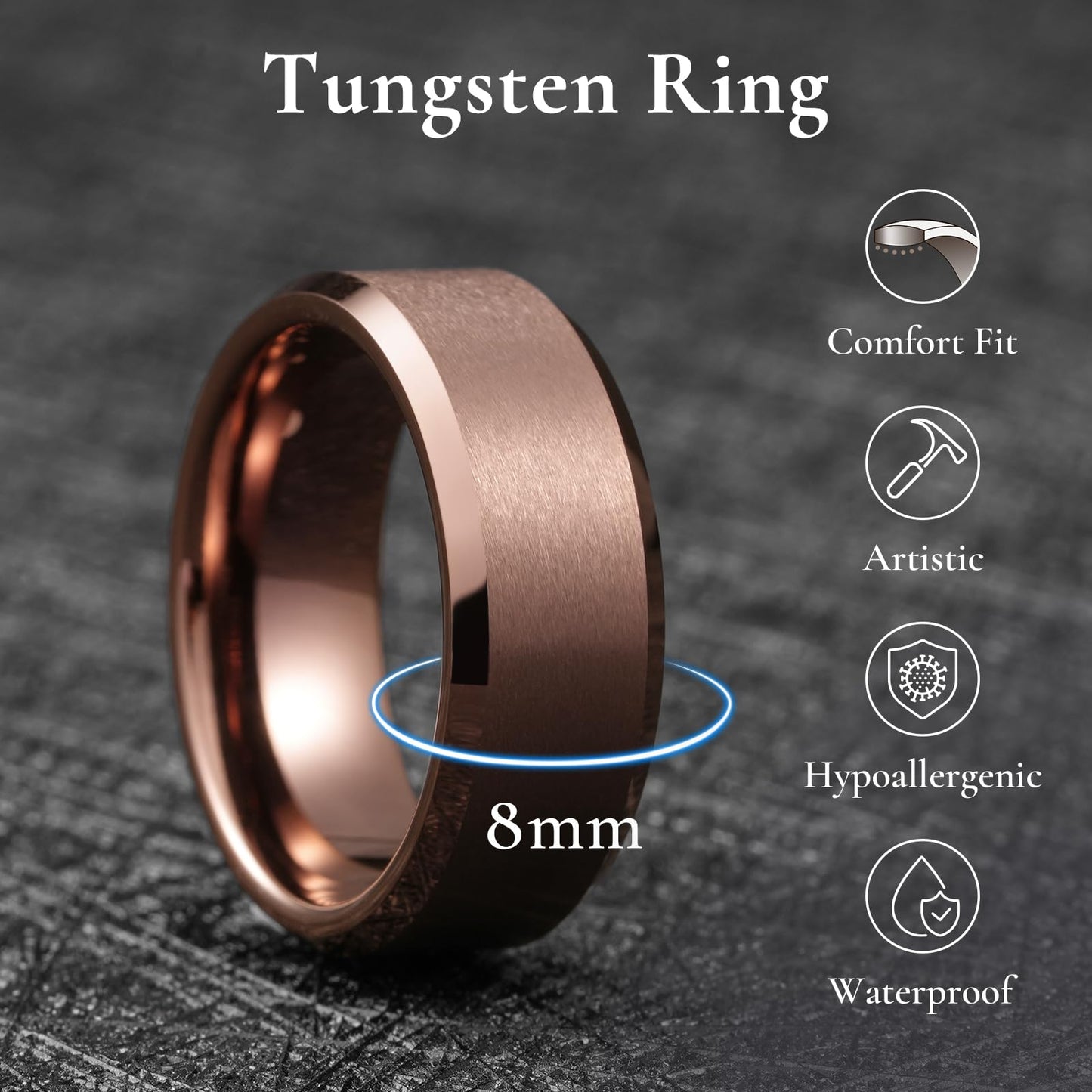 King Will Brown Basic Tungsten Rings For Men 8mm Wedding Band Polished Edge Brushed Matte Promise Ring Comfort Fit, Size 9