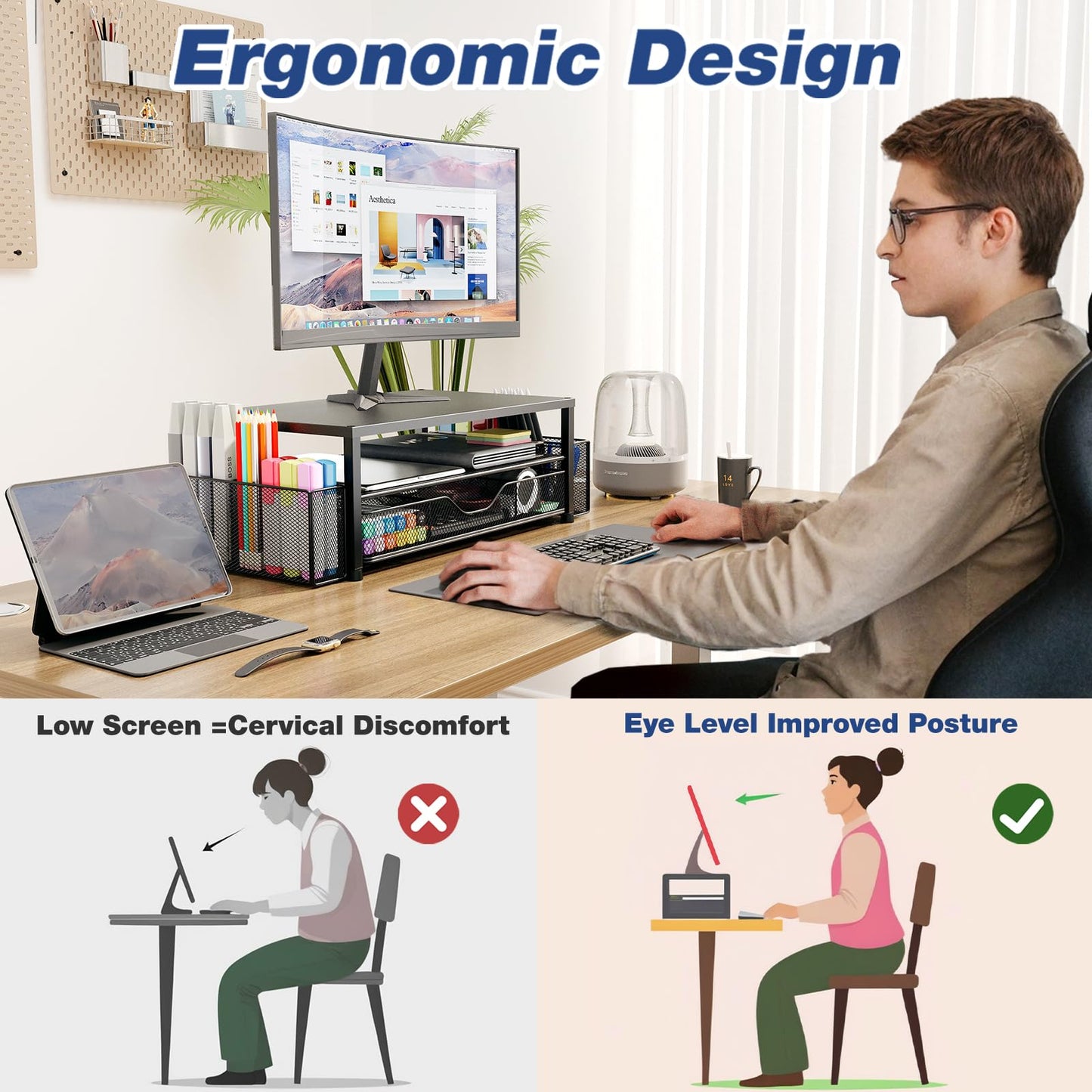 OPNICE Desk Organizer and Accessories, 2-Tier Computer Monitor Stand Riser with Drawer and 2 Pen Holders, Laptop Stand, Office Desk Accessories for Office Supplies, Black