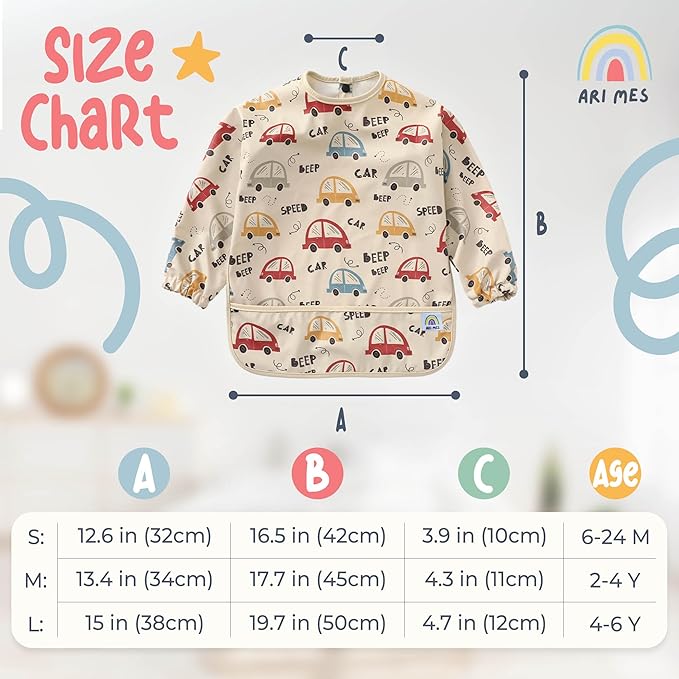 ARI MES Long Sleeves Waterproof Baby Bibs for Eating - Cars, Large- Wearable, Coverall for Toddler, Long Sleeve Bib, Smock for Toddler, Apron for Feeding - Applicable for 6-72 Months