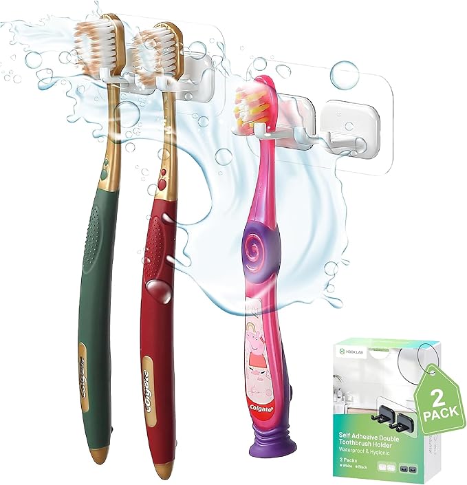 Hook LAB Self-Adhesive Double Toothbrush Holder, 2-Pack, Removable & Reusable Wall-Mounted Storage Organizer, for Bathroom & Kitchen Accessories - White