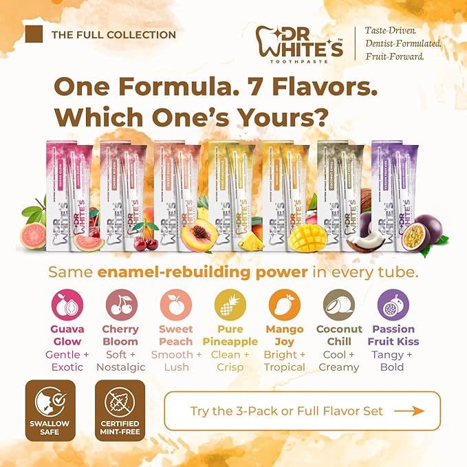 Dr. White’s Fluoride-Free nHA Toothpaste 2-Pack; Dentist-Formulated, Nano Hydroxyapatite + Xylitol, Sensitivity Relief Complex™, Mint-Free, Enamel Safe, Swallow-Safe (3.5 Oz, Mango Joy)