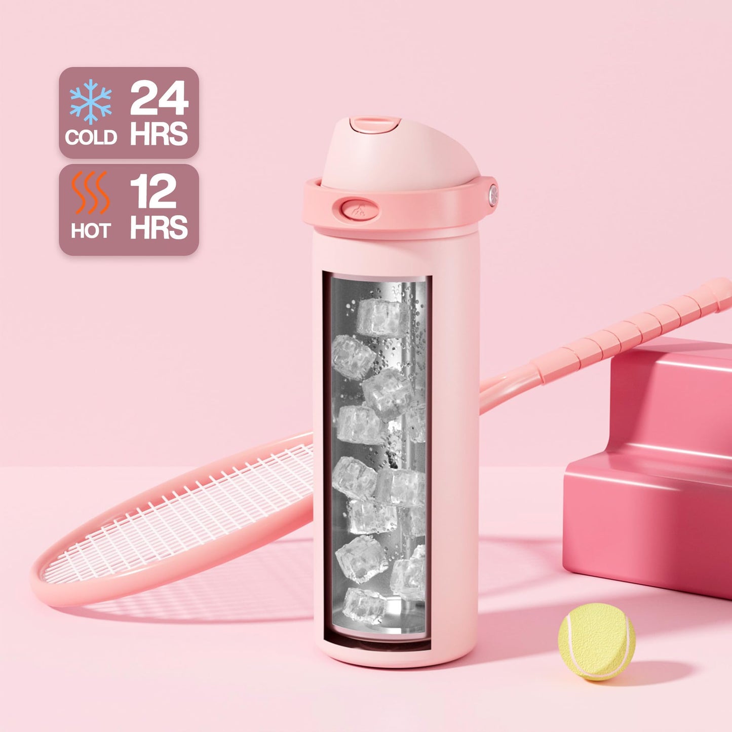 POWCAN 24 oz Insulated Water Bottle for Sports: 2-in-1 Lid with Push-Button Spout & Quick-Flip Straw, Leakproof, Car Cupholder Friendly, Stainless Steel for Gym, School, Travel (Cotton Candy)