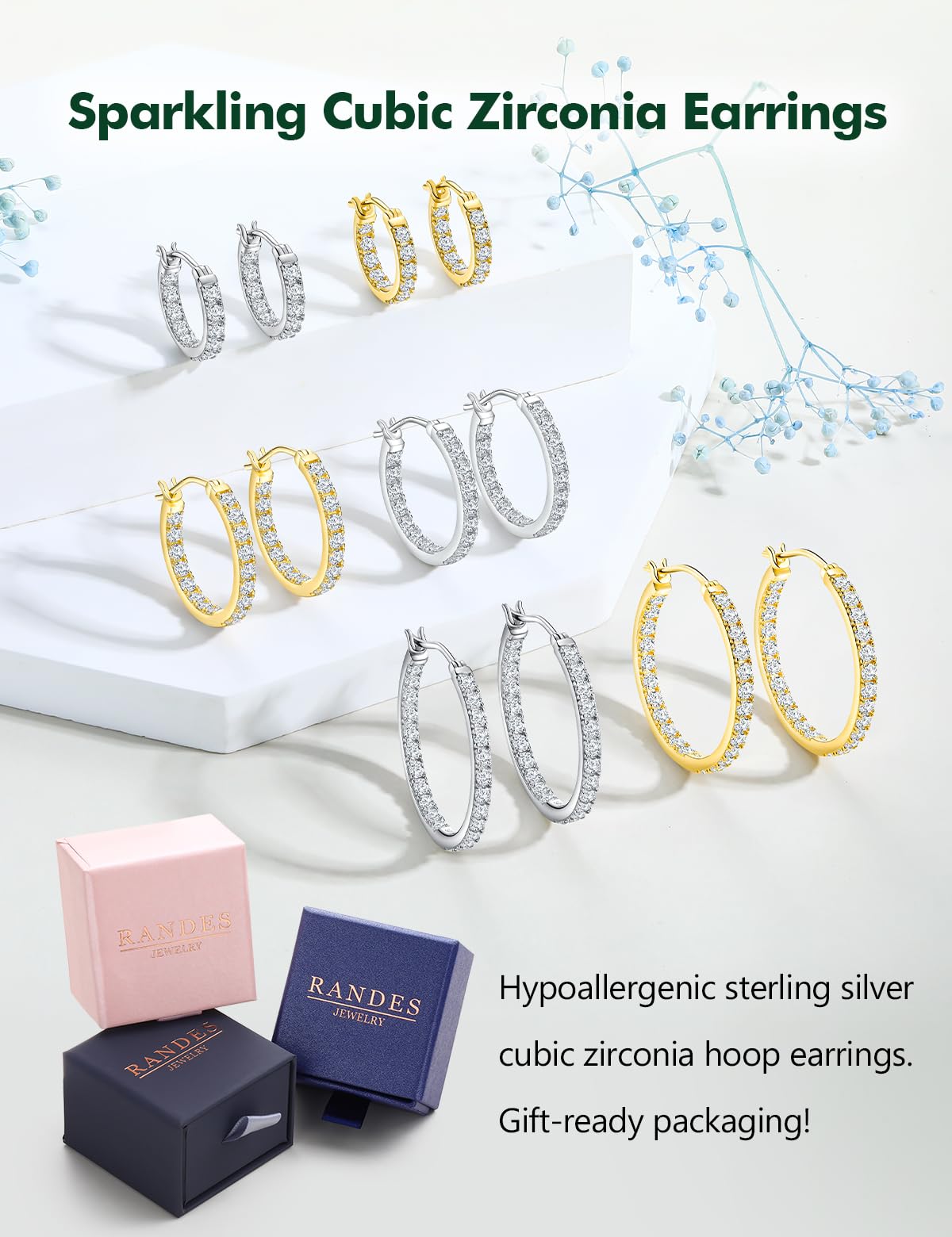 RANDES Cubic Zirconia Small Hoop Earrings for Women 14K Gold Plated Sterling Silver Created Diamond Earring Hoops Chunky Huggie Hoop Earrings