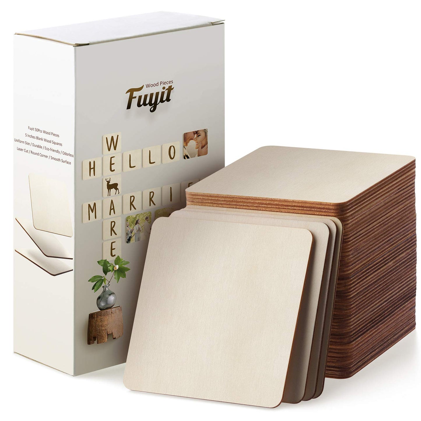 Fuyit Unfinished Wood Pieces, 50Pcs 5 x 5 Inch Blank Natural Wood Square Wooden Cutouts Board for DIY Crafts Painting, Scrabble Tiles, Coasters, Decoration