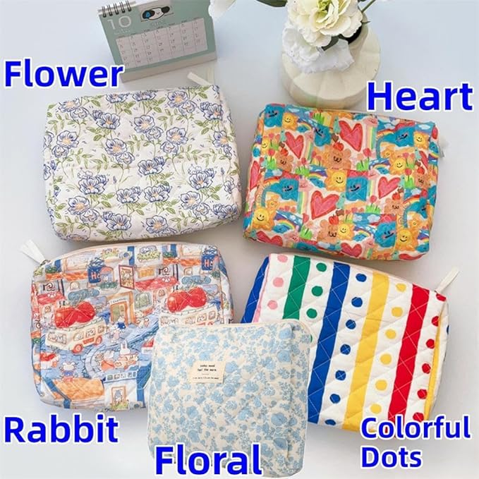 Makeup Bag Travel Essentials Quilted Cosmetic Toiletry Pouch Organizer Insert for Women Dorm Room Essential Gift Large Capacity Opening Lightweight Cute Aesthetic Portable 2PCS (Floral)