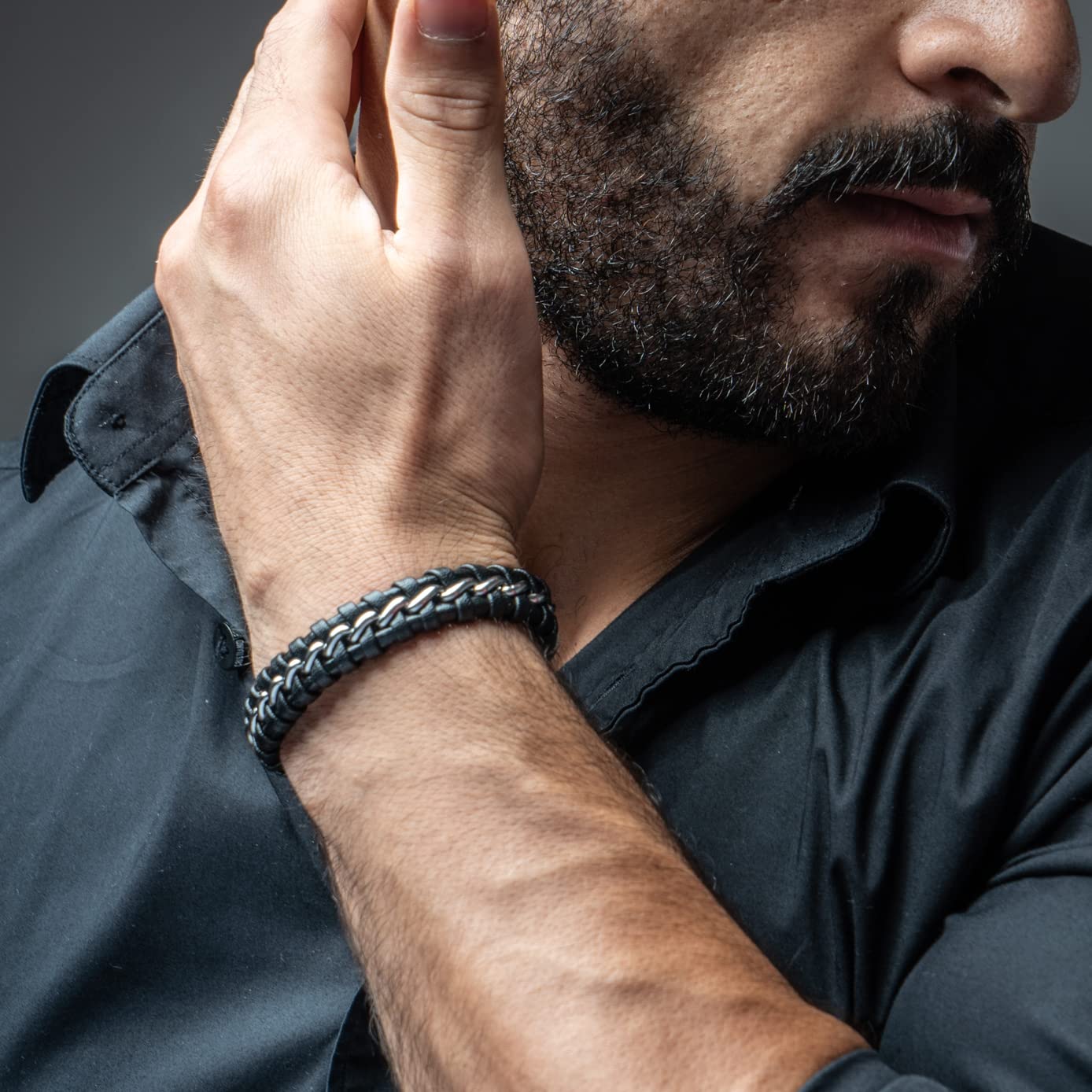 SERASAR 8″ Silver Leather Bracelets for Men Mens Cowhide Gift Box Braided Bracelet Stainless Steel Jewelry Wrist Band Cuff Wrap Rope Bangle Dad Pulseras para Hombres Cuero Regalo