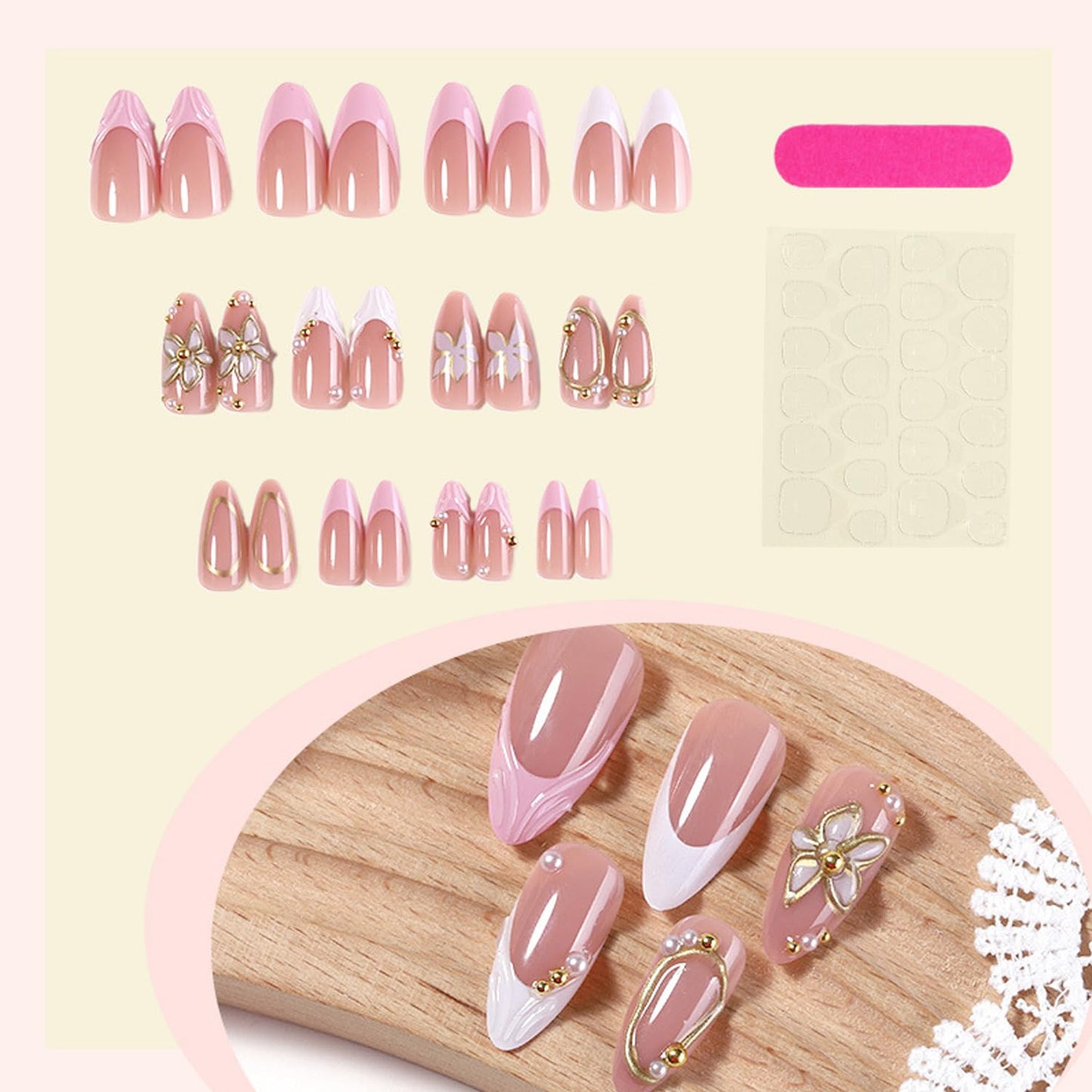 24Pcs Flower Press on Nails French Tip Medium Almond Fake Nails with 3D Pearl Design Chrome Gold False Nails Gilded Line Flowers Acrylic Nails Nude Glossy Full Cover Cute Floral Glue on Nail for Women