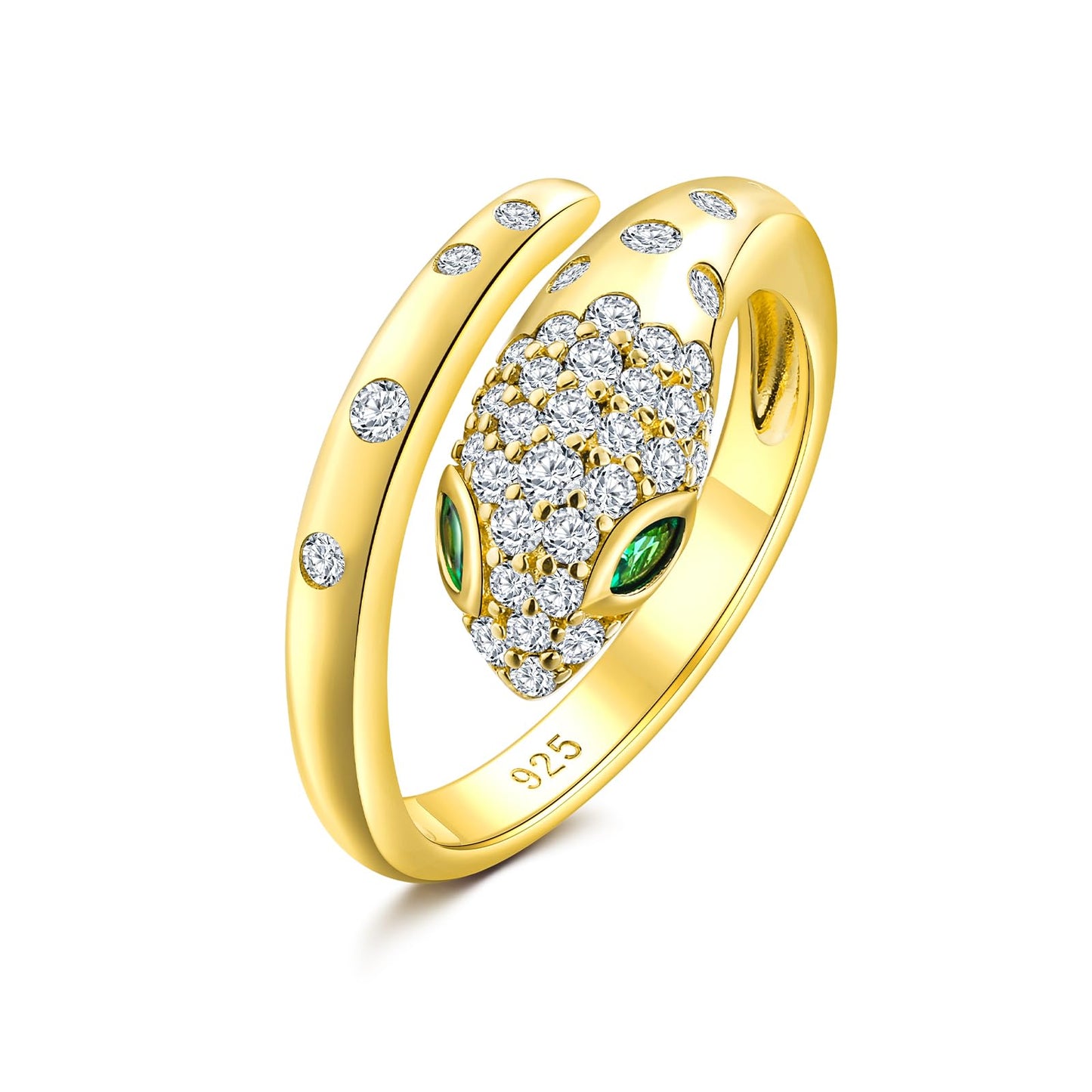 RANDES 14K Gold Plated Fashion Snake Statement Adjustable Ring Sterling Silver Cocktail Punk Jewelry Emerald Cz Snake Rings for Women Size 6
