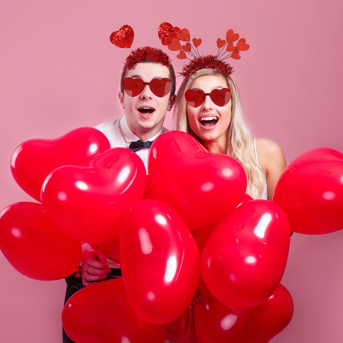 TUSAUW Valentine's Day Heart Headband and Heart-Shaped Glasses Set - Red Heart Headband for Wedding, Engagement, Halloween, Anniversary, Bridal Shower, Birthday Party Costume Accessory
