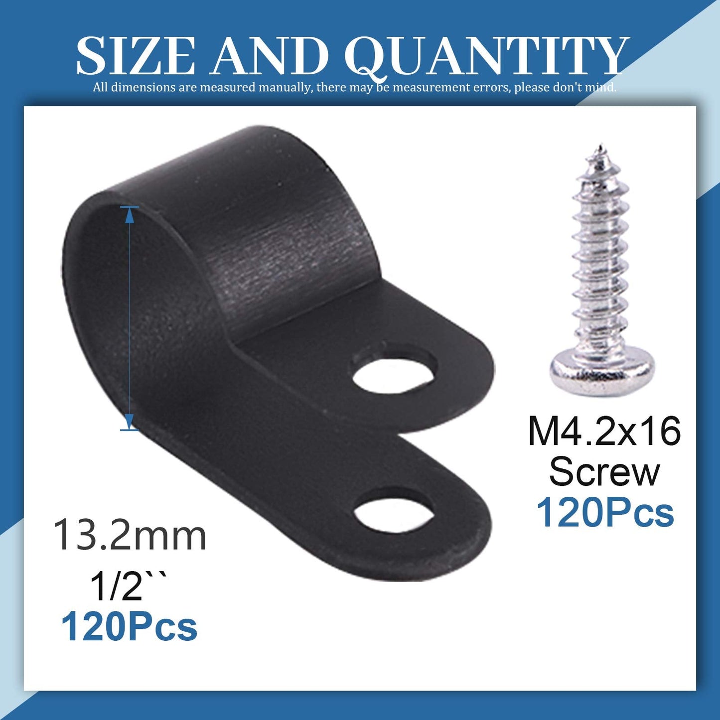 Glarks 120Pcs 1/2 Inch Black Nylon Screw Mounting R-Type Cable Clip Wire Clamp with 120Pcs Screws for Wire, Cable, Conduit and Cable Conduit Kit (Black)