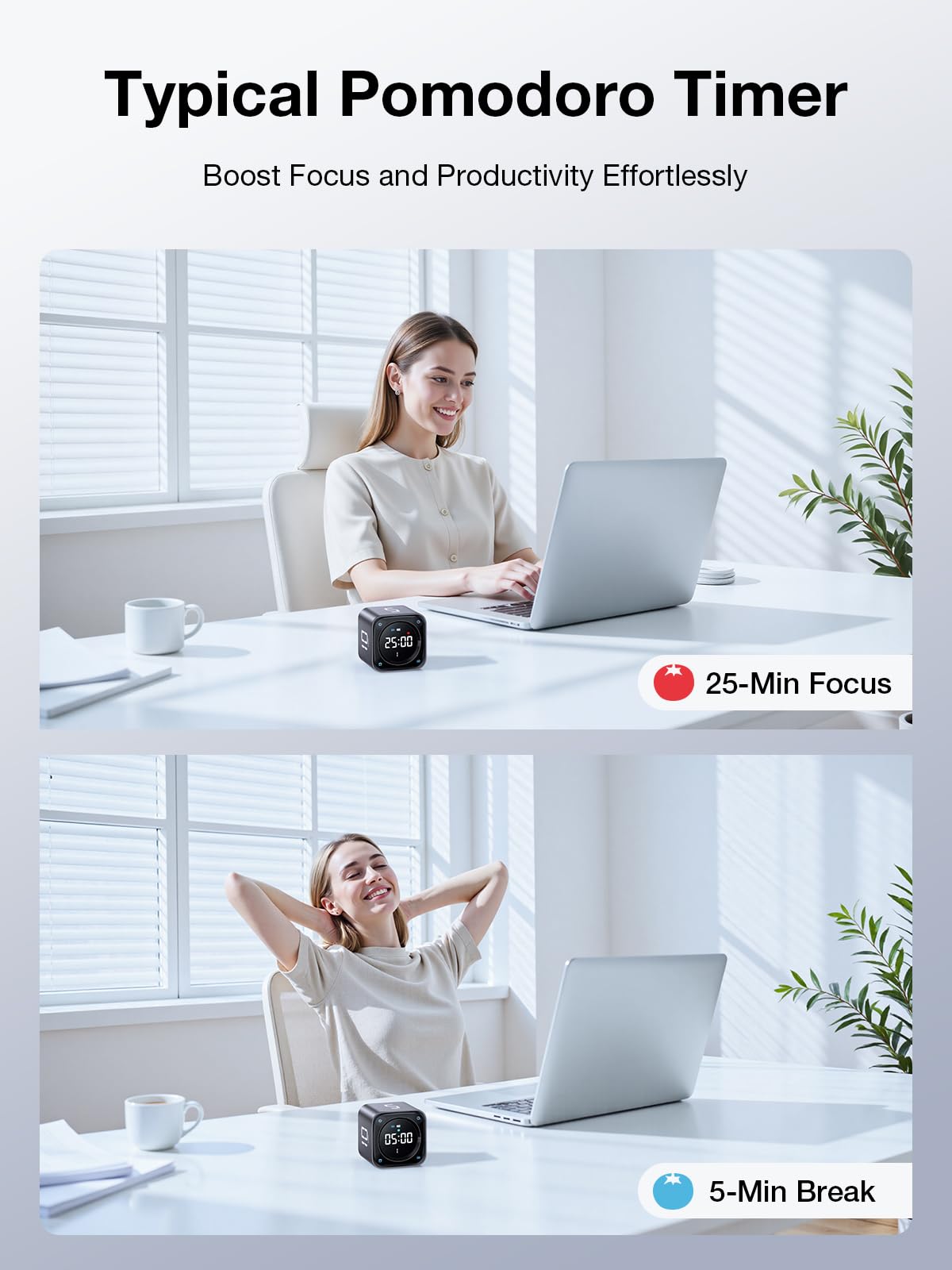 TK3 Pomodoro Timer Cube, Desk Productivity Timer with 5/10/30/60 Min Presets, Custom Countdown, Stopwatch, Clock, 3 Alarm, Silent, Vibrate & Sound Alert, for Task, ADHD, Study, Kitchen, Black