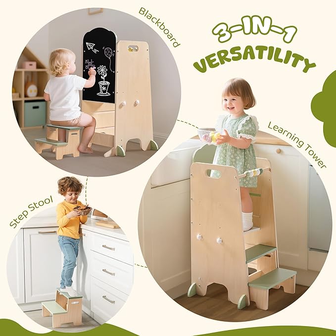 ROBUD Toddler Tower Adjustable Kitchen Stool Helper with Chalkboard, Hooks and Anti-Tip Design, Movable Kids Step Stool with Cute Safety Rail, Montessori Activity, Morandi Green