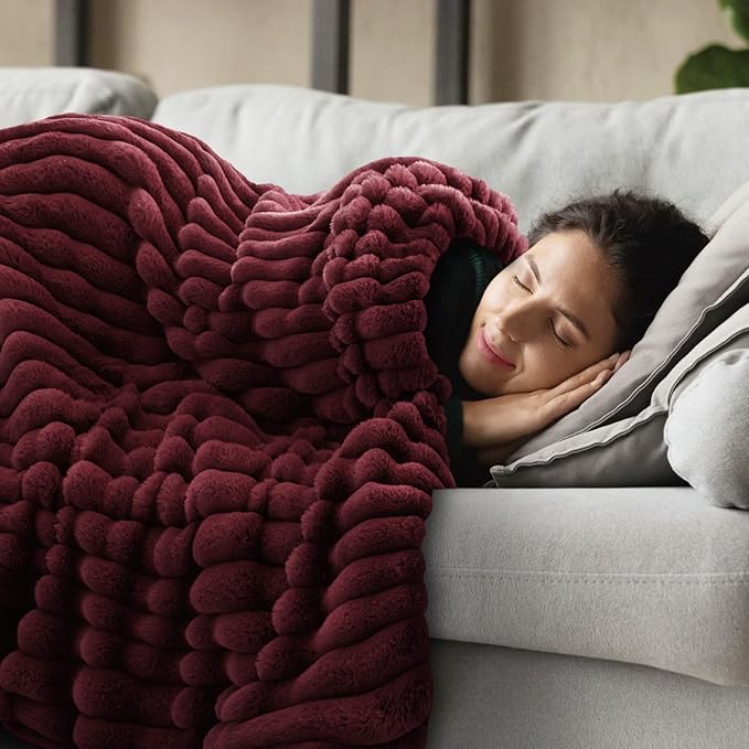 INFIIXSO Sherpa Throw Blanket for Couch - Super Soft & Warm Striped Fleece Blanket, Cozy Plush Fluffy Blanket All Season Use (Burgundy, 60x80 Inches)
