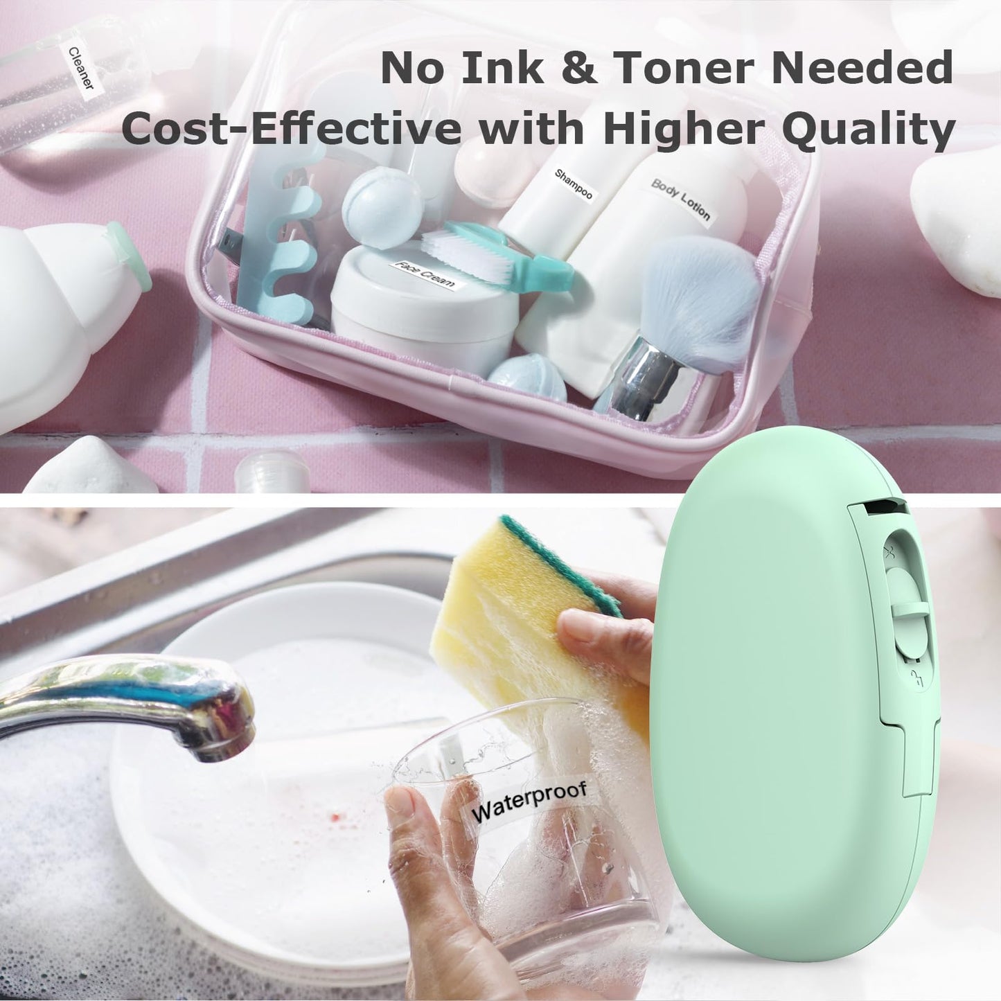 SUPVAN E10 Bluetooth Label Maker Machine with Tape, Continuous Waterproof Label, Versatile App with 35 Fonts and 1k+ Icons, Label Printer for Home, Kitchen, School, Office Organization, Green