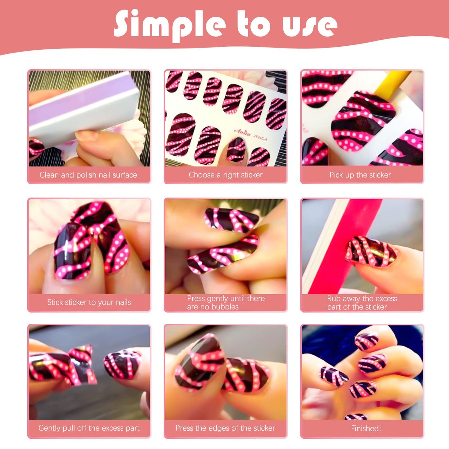 Nail Polish Strips - Solid Color, DANNEASY 24 Sheets Adhesive Nail Polish Stickers Full Nail Wraps for Women Girls Manicure Sticker Fingernails 1Pc Nail File, Cuticle Stick