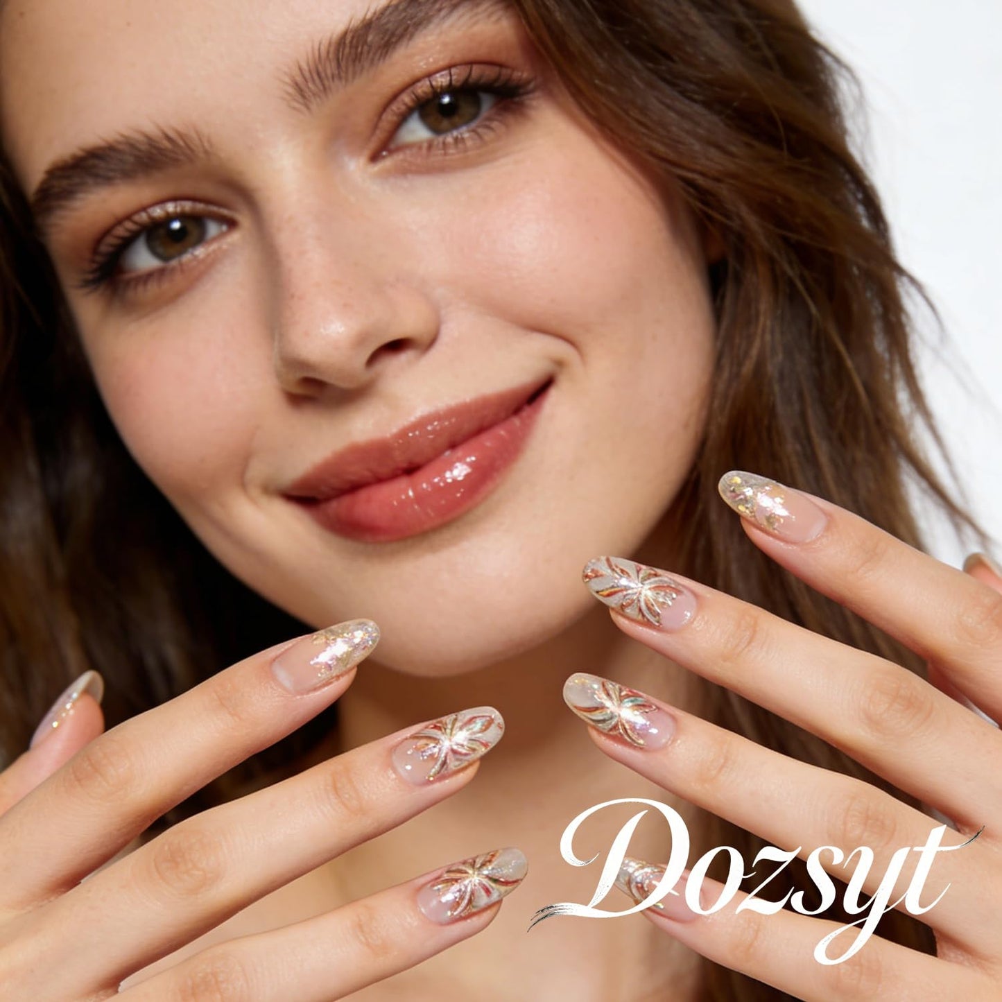 Glitter Press On Nails Medium Almond Fake Nails Press Ons With Butterfly Design Light Blue Acrylic Nails White Flower Pearl False Nails Glue On Nails For Women