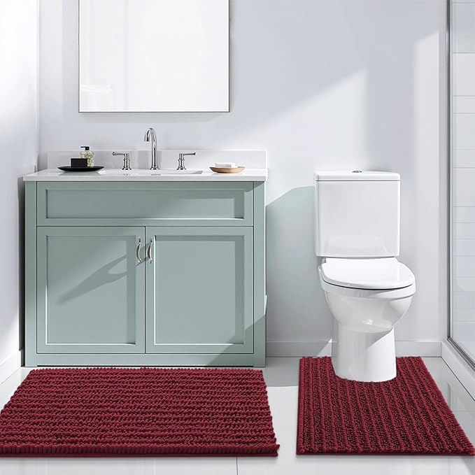 Arotive Luxury Chenille Bathroom Rug Mat, Extra Soft Thick Absorbent Shaggy Bath Rugs, Non-Slip Machine Wash Dry, Plush Bath Mats for Bathroom, Shower and Tub, 44x24, Burgundy