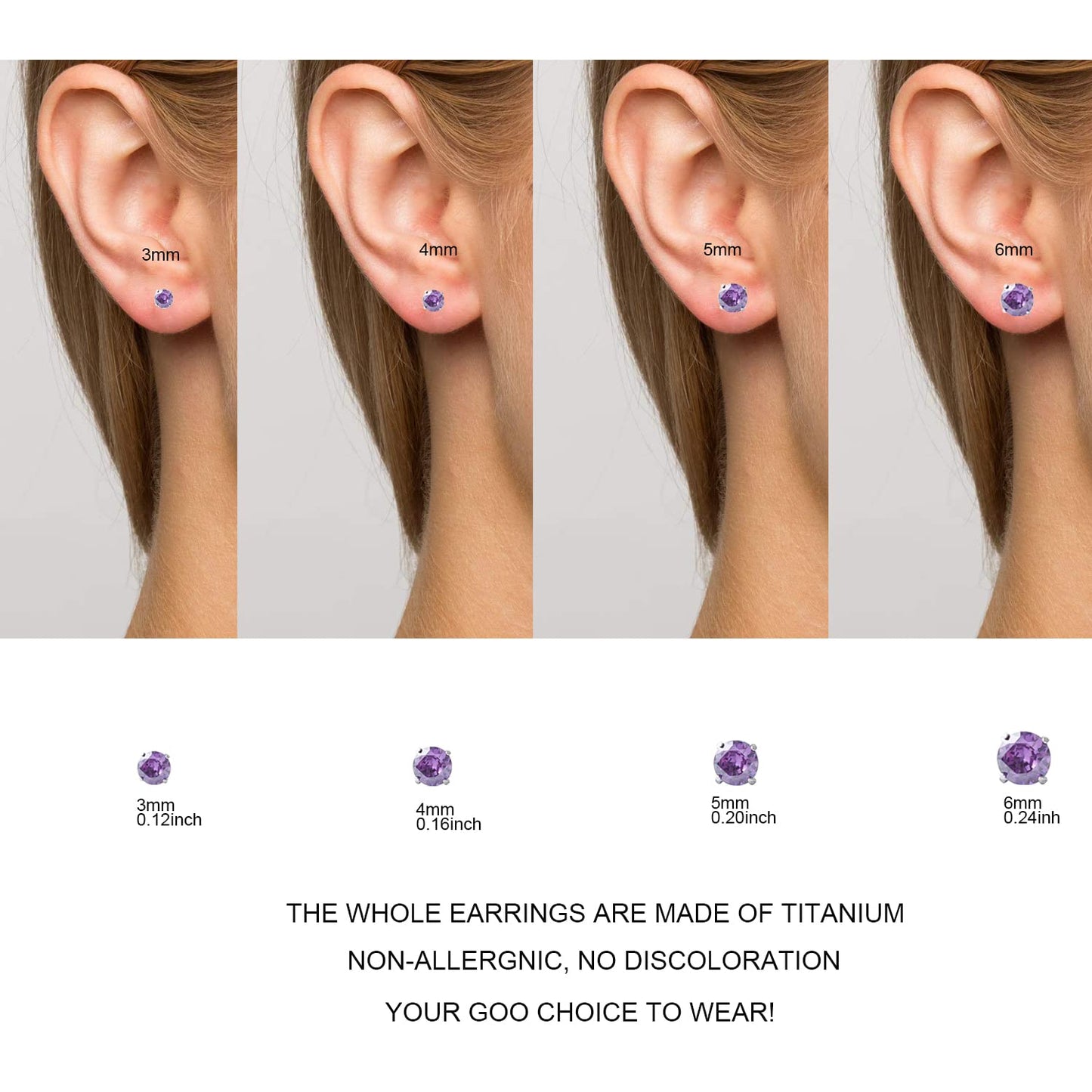 1 Pair Implant Grade Titanium Stud Earrings Set Hypoallergenic 3mm 4mm 5mm 6mm Cubic Zirconia G23 Titanium Earring Studs for Women Men for Sensitive Ear (5mm purple)