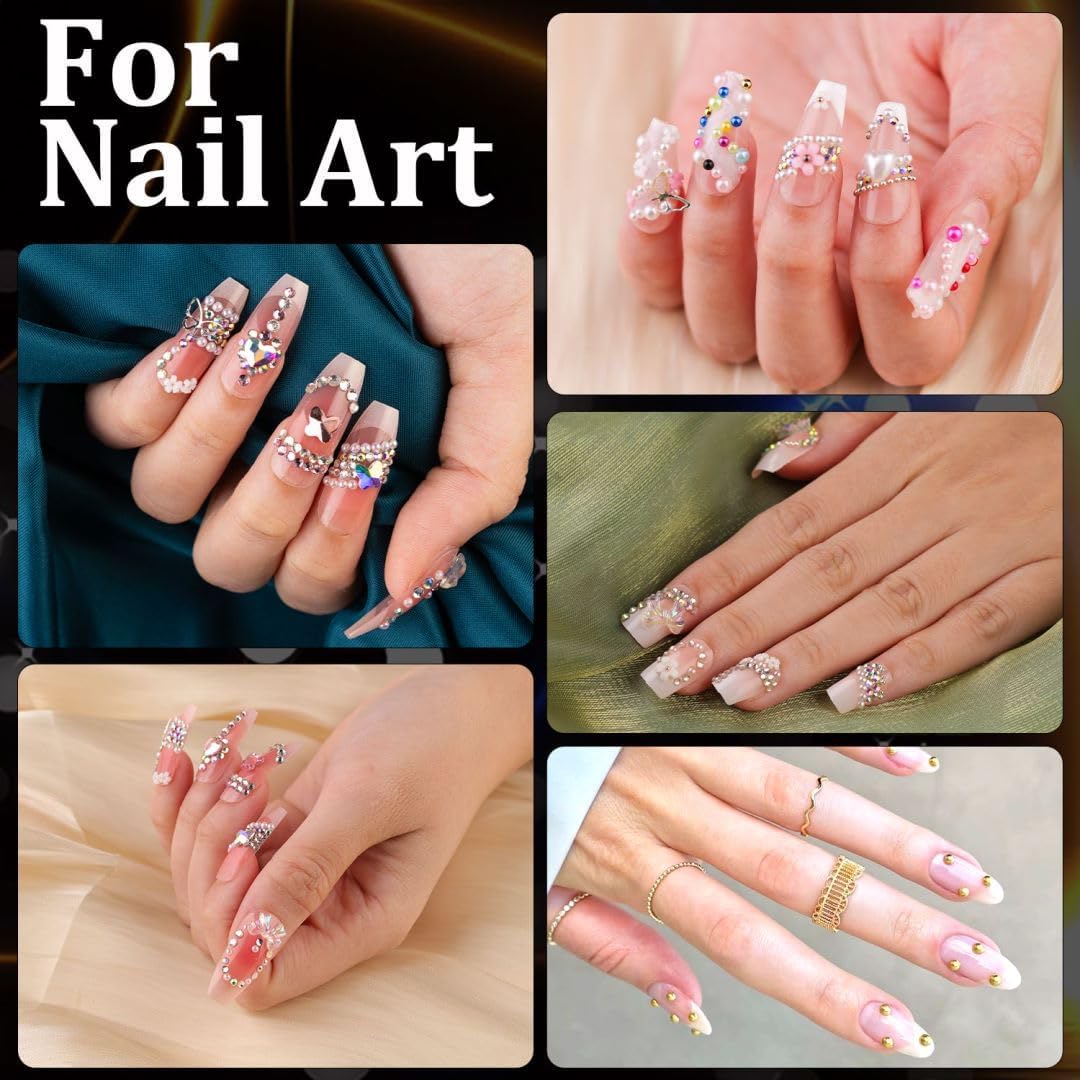 Rhinestones for Nails & Pearls, Manicure Kit, 2-5mm Flat Back Glass Crystal AB + Transparent Clear Gemstones, 2-6mm Beige Half Round Pearls, Gems for Nail Art with Pickup & Dotting Tools