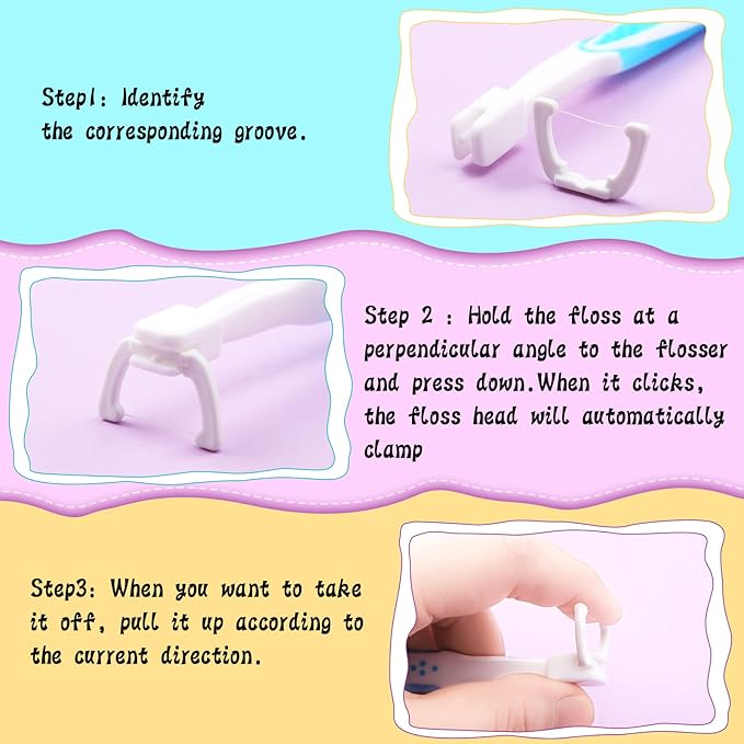 Cunhill 3 Pieces Tooth Floss Handle Reusable with 300 Pieces Dental Floss Refill Heads Unflavored Colorful Floss Interdental Toothpick Flosser for Teeth Cleaning, 3 Colors