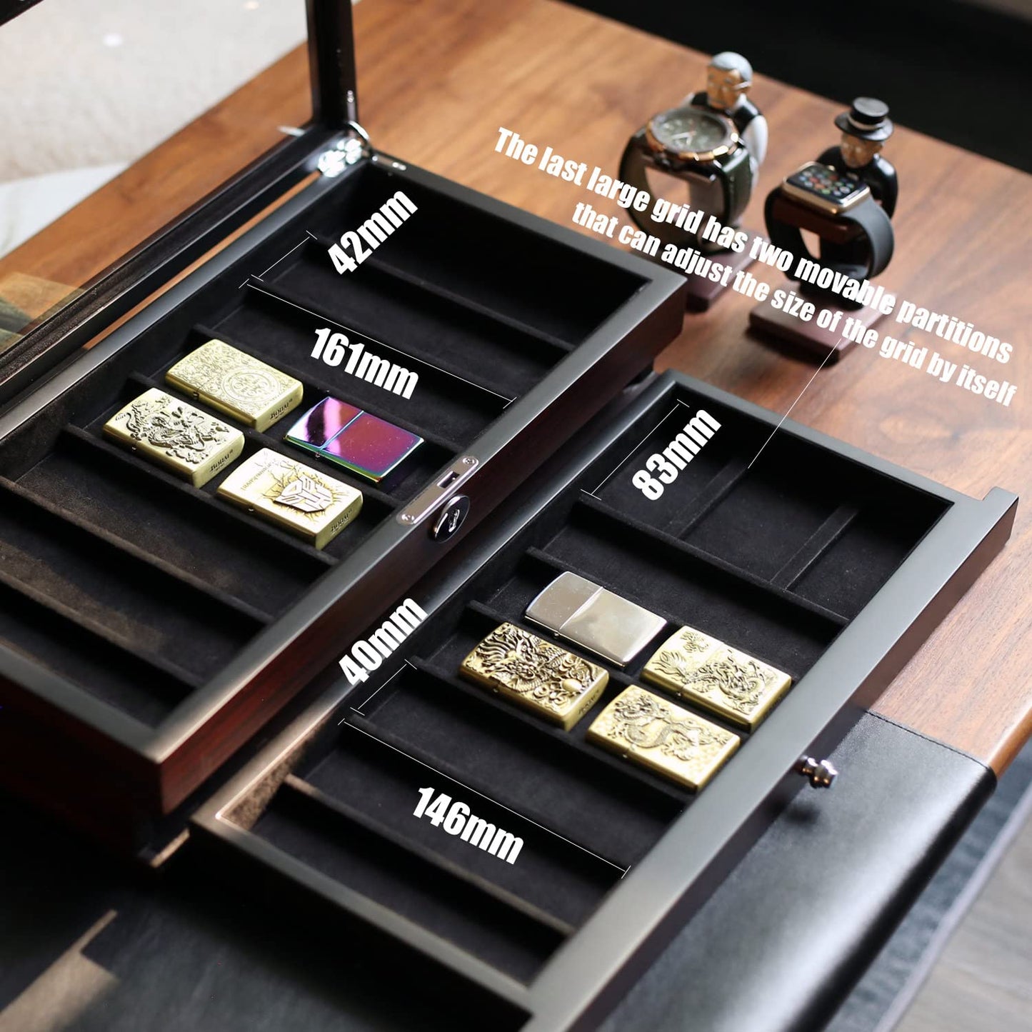 Besforu Pocket Knife Display Case for men collection holder 15-17 folding knife with Walnut Finish Two-Tier Knife organizer storage box with Real Glass Window Top (ebony veneer with draw)