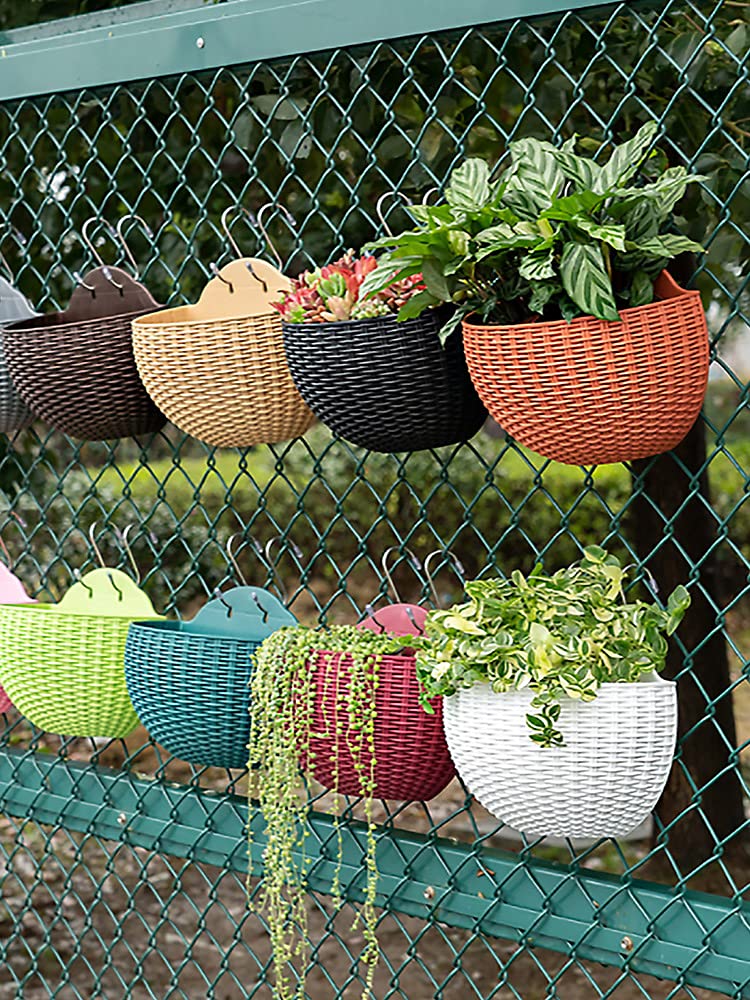 Hanging Planter Pot, Wall and Railing Hanging Planters with S Hooks, Half Round Imitation Rattan European Style Wall Flowerpot Rustic Decorative Flower Basket for Home Balcony(#21*16.5cm Dark green)