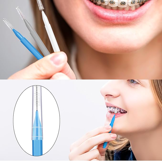 Patelai 100 Pieces Braces Brush for Cleaner Interdental Brush Toothpick Dental Tooth Flossing Head Oral Dental Hygiene Flosser Toothpick Cleaners Tooth Cleaning Tool(Blue, Grey, White,Various Sizes)