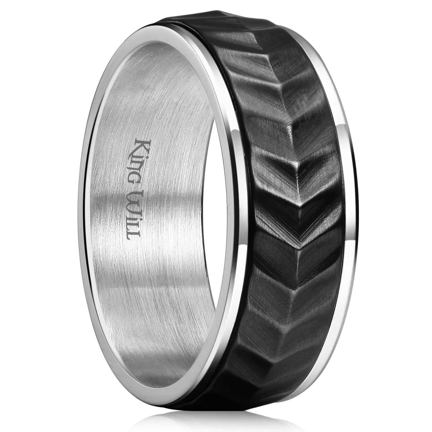 King Will Mens Black Silver 8mm Spinner Rings Tire Thread Stainless Steel Anxiety Fidget Ring for Men Tire Stripe Groove Spinner Ring 11