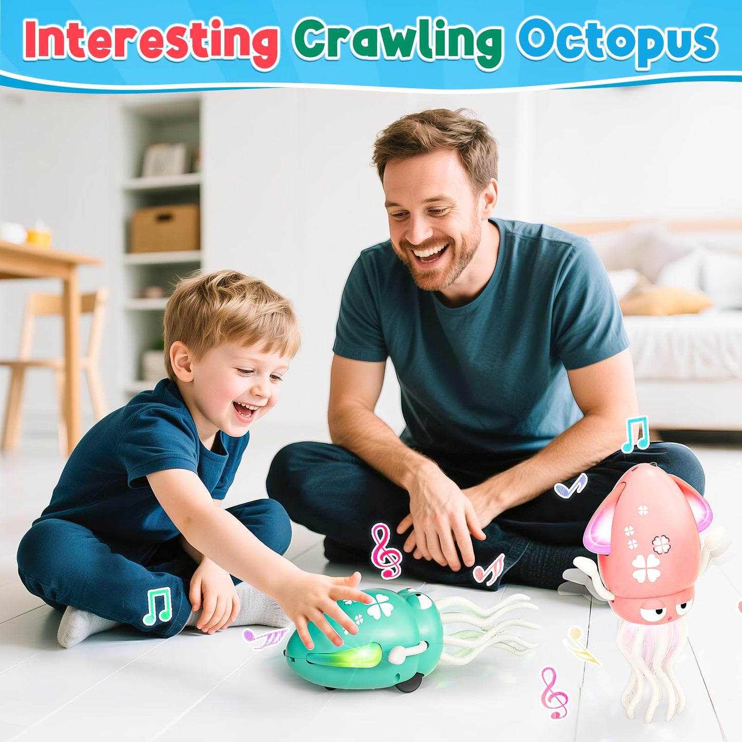 Dancing Squid Baby Toy, Electric Crawling Octopus Tummy Time Toy, Rechargeable Magic Dancing Music Squid Baby Toys for 3 4 5 6 Year Old Kids Boy Girl Birthday Gifts Christmas Stocking Stuffers (Pink)