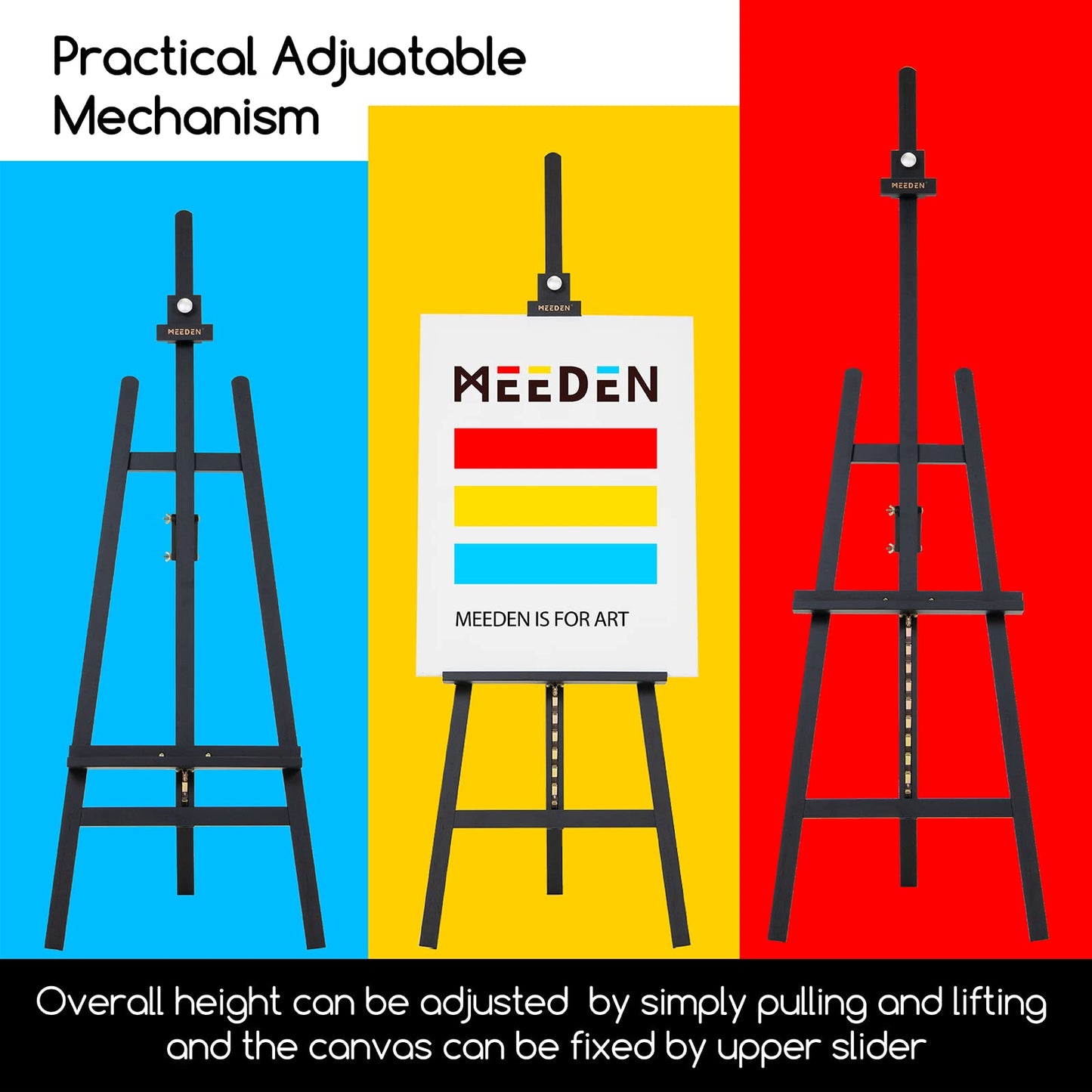 MEEDEN Heavy Duty Easel Black: Wood Art Easel for Painting and Display, Adjustable Angle and Height 57" to 76" H, Holds Canvas up to 43",Holds 22 lbs