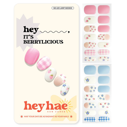 Heyhae Semi Cured Gel Nail Strips | No LED Lamp Needed | Summer, Solid, Pink | Easy Apply & Remove, Salon Quality | Includes 28 Strips, 1 Prep Pads, Nail File & Wooden Stick - Hey, It's Berrylicious