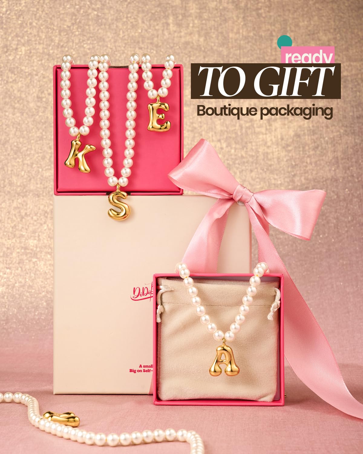 DoDoBeads Pearl Initial Necklace, 18K Gold Plated Stainless Steel Balloon Letter Pendant C, Non-Tarnish Waterproof Chunky Monogram Jewelry Gifts for Women Teens