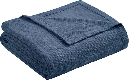 Madison Park Liquid Cotton Blanket Breathable, Softer Ring Spun Weave, Diamond Motif, Luxurious 100% Cotton All Seasons Lightweight Summer Blanket for Bed, Couch, Office, Navy, Twin