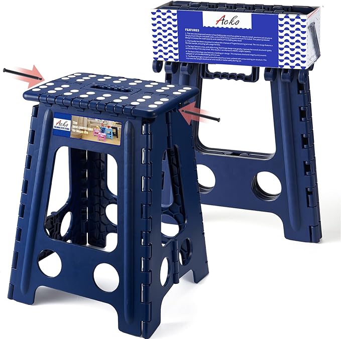ACKO Folding Step Stool Foldable 17.5 Inch 400 lbs Capacity, Plastic Stools for Adults and Kids, Collapsible Stools for Kitchen, Stepping Stool with Handle(Royal Blue)